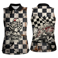 Silly Goose Racing Motorsport Women Sleeveless Polo Shirt Vintage Distressed Checkered Flag - Cartoon Race Car