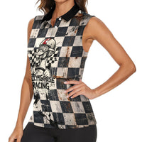 Silly Goose Racing Motorsport Women Sleeveless Polo Shirt Vintage Distressed Checkered Flag - Cartoon Race Car