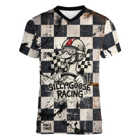 Silly Goose Racing Motorsport Women V-Neck T-Shirt Vintage Distressed Checkered Flag - Cartoon Race Car