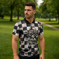 Silly Goose Racing Motorsport Zipper Polo Shirt Vintage Distressed Checkered Flag - Cartoon Race Car