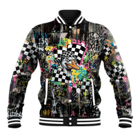 Silly Goose Team Racing Baseball Jacket Colorful Street Graffiti Checkered Flag