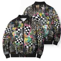 Silly Goose Team Racing Bomber Puffer Jacket Colorful Street Graffiti Checkered Flag