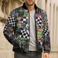 Silly Goose Team Racing Bomber Puffer Jacket Colorful Street Graffiti Checkered Flag