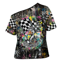 Silly Goose Team Racing Cross Shoulder Shirt Colorful Street Graffiti Checkered Flag