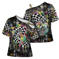 Silly Goose Team Racing Cross Shoulder Shirt Colorful Street Graffiti Checkered Flag