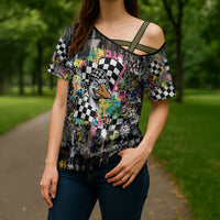 Silly Goose Team Racing Cross Shoulder Shirt Colorful Street Graffiti Checkered Flag