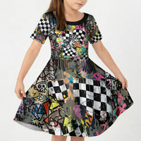 Silly Goose Team Racing Kid Short Sleeve Dress Colorful Street Graffiti Checkered Flag