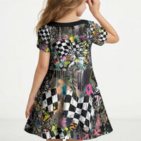 Silly Goose Team Racing Kid Short Sleeve Dress Colorful Street Graffiti Checkered Flag