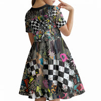 Silly Goose Team Racing Kid Short Sleeve Dress Colorful Street Graffiti Checkered Flag