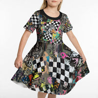Silly Goose Team Racing Kid Short Sleeve Dress Colorful Street Graffiti Checkered Flag