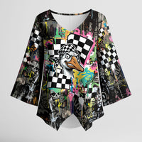 Silly Goose Team Racing Kimono Sleeve Blouse Colorful Street Graffiti Checkered Flag