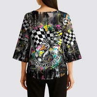 Silly Goose Team Racing Kimono Sleeve Blouse Colorful Street Graffiti Checkered Flag