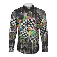 Silly Goose Team Racing Long Sleeve Button Shirt Colorful Street Graffiti Checkered Flag