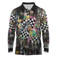 Silly Goose Team Racing Long Sleeve Polo Shirt Colorful Street Graffiti Checkered Flag