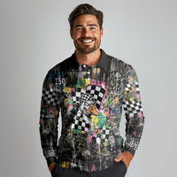 Silly Goose Team Racing Long Sleeve Polo Shirt Colorful Street Graffiti Checkered Flag