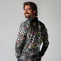 Silly Goose Team Racing Long Sleeve Polo Shirt Colorful Street Graffiti Checkered Flag