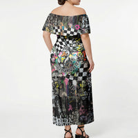 Silly Goose Team Racing Off Shoulder Maxi Dress Colorful Street Graffiti Checkered Flag