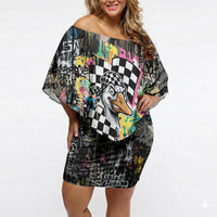 Silly Goose Team Racing Off Shoulder Short Dress Colorful Street Graffiti Checkered Flag