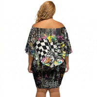 Silly Goose Team Racing Off Shoulder Short Dress Colorful Street Graffiti Checkered Flag