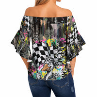 Silly Goose Team Racing Off Shoulder Wrap Waist Top Colorful Street Graffiti Checkered Flag