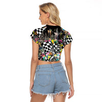 Silly Goose Team Racing Raglan Cropped T Shirt Colorful Street Graffiti Checkered Flag