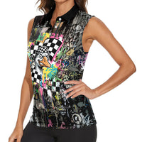 Silly Goose Team Racing Women Sleeveless Polo Shirt Colorful Street Graffiti Checkered Flag