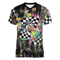 Silly Goose Team Racing Women V-Neck T-Shirt Colorful Street Graffiti Checkered Flag