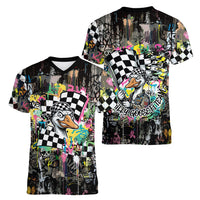 Silly Goose Team Racing Women V-Neck T-Shirt Colorful Street Graffiti Checkered Flag