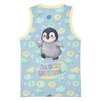 Sneaky Flipper Cute Penguin Holding Knife Basketball Jersey Funny Chibi Penguin Graphic With Ice And Fish Pattern