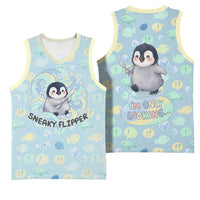 Sneaky Flipper Cute Penguin Holding Knife Basketball Jersey Funny Chibi Penguin Graphic With Ice And Fish Pattern