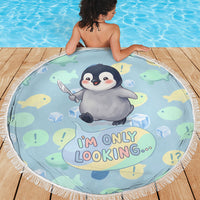 Sneaky Flipper Cute Penguin Holding Knife Beach Blanket Funny Chibi Penguin Graphic With Ice And Fish Pattern
