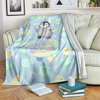 Sneaky Flipper Cute Penguin Holding Knife Blanket Funny Chibi Penguin Graphic With Ice And Fish Pattern