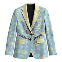 Sneaky Flipper Cute Penguin Holding Knife Blazer Funny Chibi Penguin Graphic With Ice And Fish Pattern