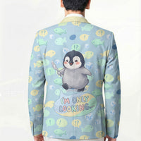 Sneaky Flipper Cute Penguin Holding Knife Blazer Funny Chibi Penguin Graphic With Ice And Fish Pattern