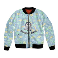 Sneaky Flipper Cute Penguin Holding Knife Bomber Jacket Funny Chibi Penguin Graphic With Ice And Fish Pattern