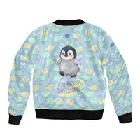Sneaky Flipper Cute Penguin Holding Knife Bomber Jacket Funny Chibi Penguin Graphic With Ice And Fish Pattern