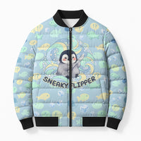 Sneaky Flipper Cute Penguin Holding Knife Bomber Puffer Jacket Funny Chibi Penguin Graphic With Ice And Fish Pattern