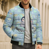 Sneaky Flipper Cute Penguin Holding Knife Bomber Puffer Jacket Funny Chibi Penguin Graphic With Ice And Fish Pattern