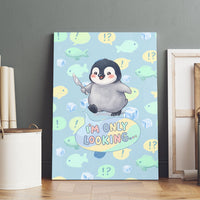 Sneaky Flipper Cute Penguin Holding Knife Canvas Wall Art Funny Chibi Penguin Graphic With Ice And Fish Pattern