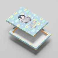 Sneaky Flipper Cute Penguin Holding Knife Canvas Wall Art Funny Chibi Penguin Graphic With Ice And Fish Pattern