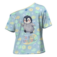 Sneaky Flipper Cute Penguin Holding Knife Cross Shoulder Shirt Funny Chibi Penguin Graphic With Ice And Fish Pattern