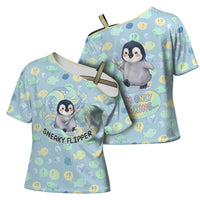 Sneaky Flipper Cute Penguin Holding Knife Cross Shoulder Shirt Funny Chibi Penguin Graphic With Ice And Fish Pattern