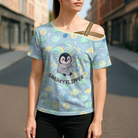 Sneaky Flipper Cute Penguin Holding Knife Cross Shoulder Shirt Funny Chibi Penguin Graphic With Ice And Fish Pattern