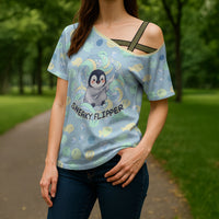 Sneaky Flipper Cute Penguin Holding Knife Cross Shoulder Shirt Funny Chibi Penguin Graphic With Ice And Fish Pattern