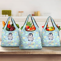 Sneaky Flipper Cute Penguin Holding Knife Grocery Bag Funny Chibi Penguin Graphic With Ice And Fish Pattern