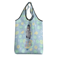 Sneaky Flipper Cute Penguin Holding Knife Grocery Bag Funny Chibi Penguin Graphic With Ice And Fish Pattern