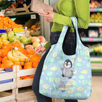 Sneaky Flipper Cute Penguin Holding Knife Grocery Bag Funny Chibi Penguin Graphic With Ice And Fish Pattern