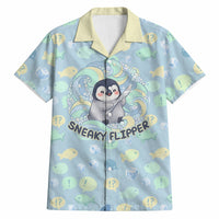 Sneaky Flipper Cute Penguin Holding Knife Hawaiian Shirt Funny Chibi Penguin Graphic With Ice And Fish Pattern
