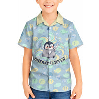 Sneaky Flipper Cute Penguin Holding Knife Hawaiian Shirt Funny Chibi Penguin Graphic With Ice And Fish Pattern