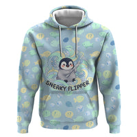 Sneaky Flipper Cute Penguin Holding Knife Hoodie Funny Chibi Penguin Graphic With Ice And Fish Pattern